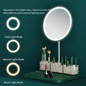 Desktop LED makeup mirror with storage base and 3 adjustable light modes