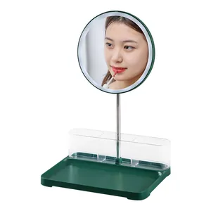 Professional LED desktop makeup mirror with integrated storage organizer and green base