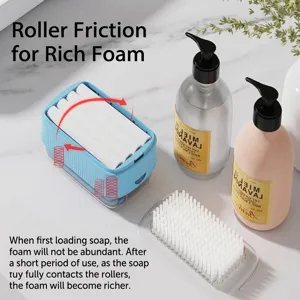 Multifunctional blue soap foaming box with rollers and cleaning brush on marble