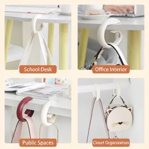 Portable non-slip desk bag hooks shown in school, office, and various public settings