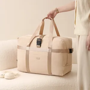Beige large capacity foldable travel duffel bag for women's short trips and gym sports