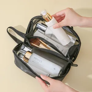 Large capacity black mesh cosmetic bag filled with travel toiletries and brushes