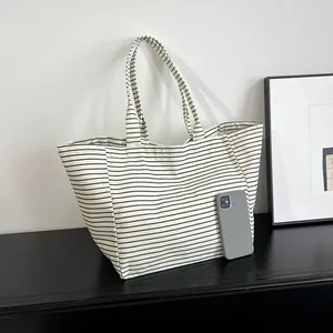 Bolso de Mano de Lona a Rayas Blancas y Negras de Gran Capacidad para Mujer Bolso de Hombro de Moda para Diario