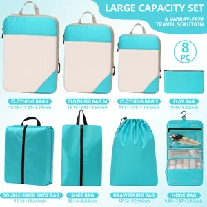 Set di 8 organizer da viaggio ciano con borsa da toilette impermeabile e borse per scarpe