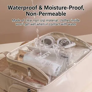 Waterproof PU travel toiletry bag with transparent window and cosmetics inside.