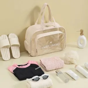 Large capacity PU waterproof travel toiletry bag surrounded by swimwear and cosmetics