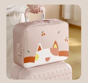 Cartoon cat document storage bag placed on a pink suitcase for travel convenience.