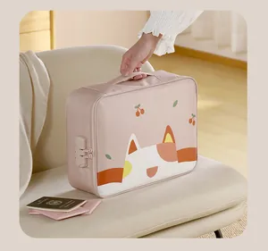 Pink cartoon document organizer bag with safety combination lock shown in a cozy home setting