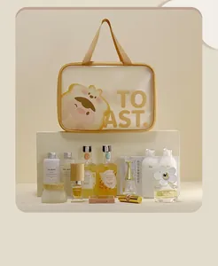 Large capacity portable PU toiletry bag featuring a cute toast cartoon and sturdy handles