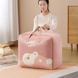 Large pink oxford cloth quilt storage bag with cartoon print and handle for moving