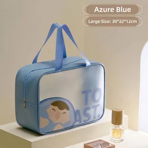 Detailed view of the large azure blue PU portable toiletry bag with cute character