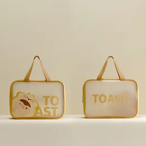 Large Capacity PU Frosted PVC Wash Bag Portable Cartoon Toast Printed Makeup Storage Pouch Waterproof Travel Toiletry Bag For Women
