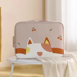 Pink cartoon cat document organizer storage bag with secure combination lock for home travel