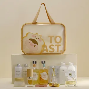 Large capacity transparent travel cosmetic bag with dual handles and cartoon toast design