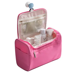 Large capacity pink hanging travel toiletry bag with waterproof Oxford cloth pockets