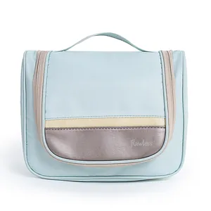 Large capacity waterproof polyester hanging toiletry bag with handle and zipper