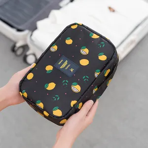Large capacity portable travel toiletry bag with cute yellow lemon pattern for cosmetics
