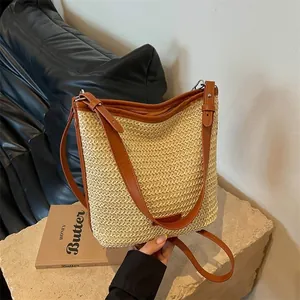 Bolso Bandolera de Paja Tejida para Mujer Casual Verano Bolso de Playa Tejido a Mano Con Cremallera Para Vacaciones