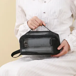 Large capacity black mesh breathable toiletry bag for travel storage and daily makeup