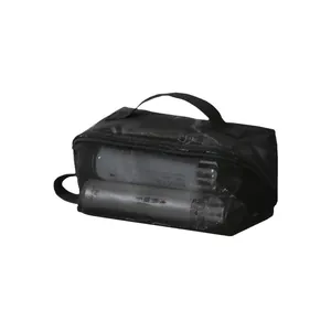 Large capacity black mesh portable travel toiletry bag with handle for cosmetics storage