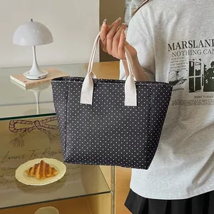 Stylish large capacity black tote bag with white polka dots for daily women fashion
