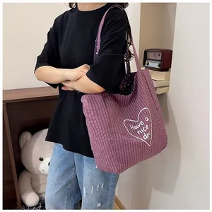 Reversible purple plaid canvas tote bag with heart and polka dot details