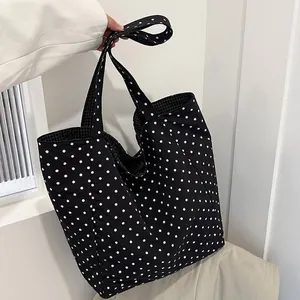 Stylish black and white polka dot canvas tote bag for women, large capacity shoulder bag