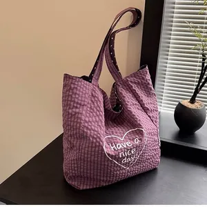 Spacious purple checkered canvas tote bag featuring 'Have a nice day' heart embroidery