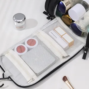 Large capacity travel toiletry bag organizer with mesh zipper pockets and hanging hook