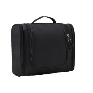 Large capacity black travel toiletry bag with handle and multi zippers