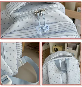 Close-up details of a light blue girl's backpack with star patterns and cute zipper pulls