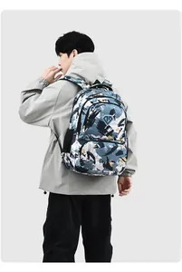 Back view of a high-capacity camouflage Oxford backpack being worn by a male model