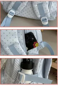 Detailed view of the light blue star pattern backpack straps and functional side pockets