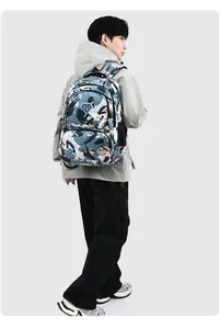 Back view of a male model wearing a stylish blue camouflage oxford travel backpack