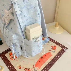 Close-up detail showing side pocket of light blue starry pattern girls school backpack