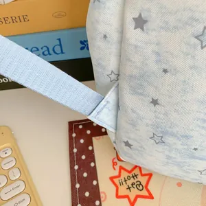 Close-up of durable reinforced stitching on blue star-patterned backpack strap