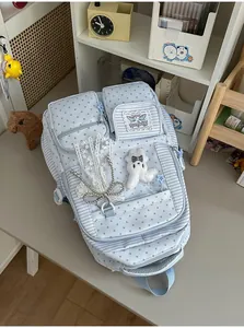 Detail of cute light blue star backpack with transparent lace pocket and plush bunny charm.