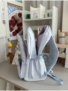Detail view showing large capacity and multi-layer interior of blue star backpack