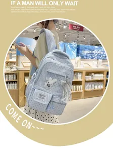 Detailed view of the cute blue star-patterned schoolbag with bow and plush charm decoration