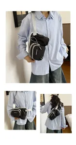 Korean style black utility crossbody bag shown in multiple angles worn by a model