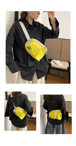 Lifestyle views showing the vibrant yellow nylon crossbody bag from front and back angles