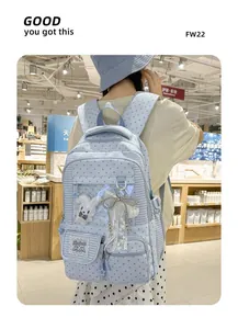 Detail view of light blue star pattern backpack with a cute transparent front pocket