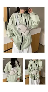 Stylish model showcasing a light beige nylon crossbody bag from multiple angles