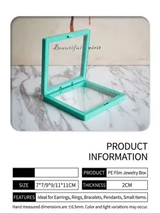 Detail of PE film floating jewelry box with size specifications and mint green frame.
