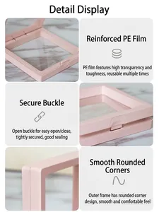 Detailed views of macaron pink PE film floating jewelry box with secure buckle design