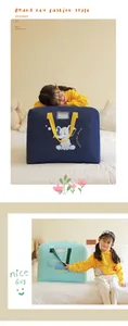 Large capacity cartoon quilt storage bags shown with child in cozy home bedroom environment