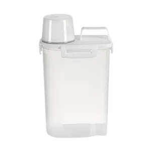 Food grade transparent grain storage container with white airtight lid and measuring cup