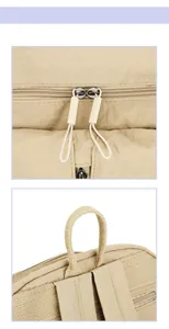 Détails des fermetures éclair et de la poignée renforcée du sac à dos en nylon beige.