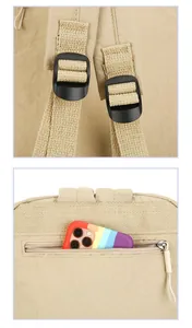 Vue détaillée des bretelles réglables et de la poche arrière zippée du sac à dos en nylon kaki
