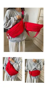 Red sporty crossbody chest bag for men and women featuring embroidered studio logo